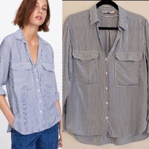 Zara Women’s Button Front Shirt Small Blue Classic Striped Lightweight Causal